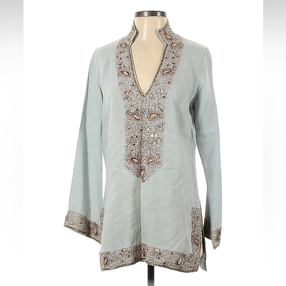Florabella Blue Linen Beaded Tunic - Size Small